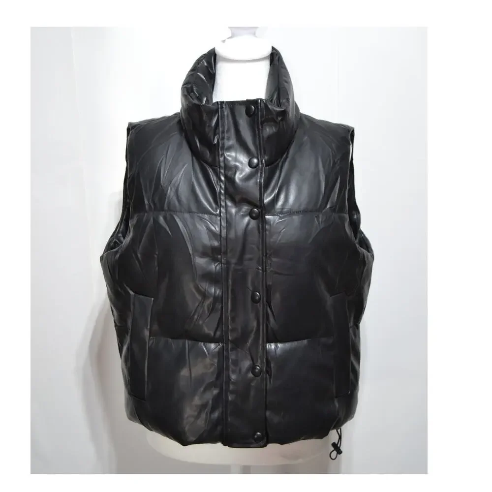 Shein Black Faux Leather Woman's Puffer Vest Size Small